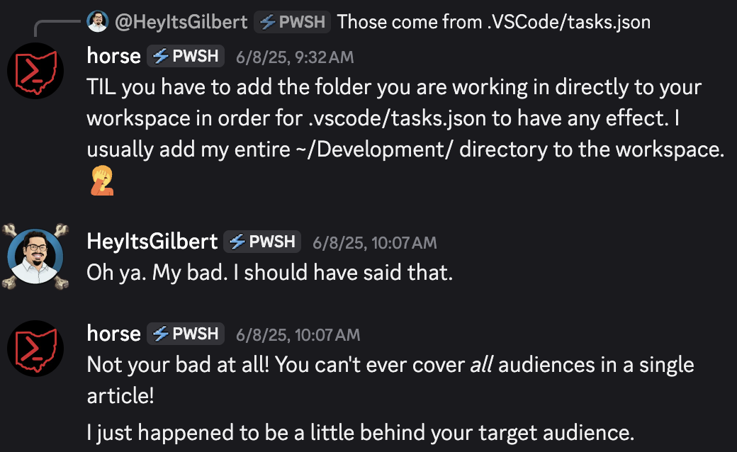 A screenshot of the author explaining he just learned how to use Tasks in VSCode.