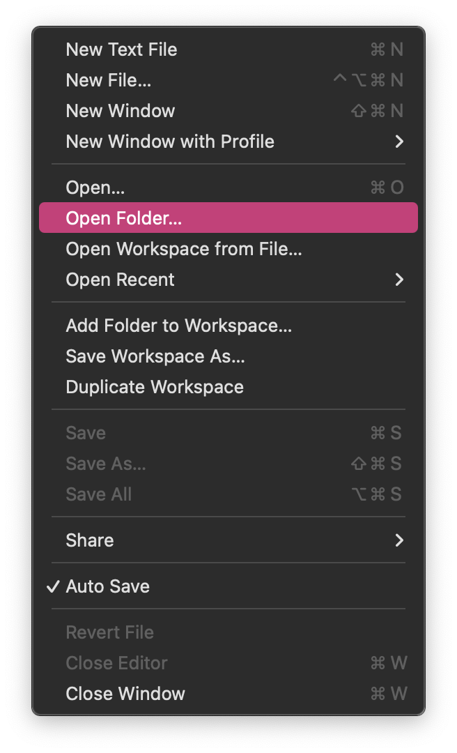 A screenshot of the File menu of VSCode on macOS. "Open Folder" is highlighted.