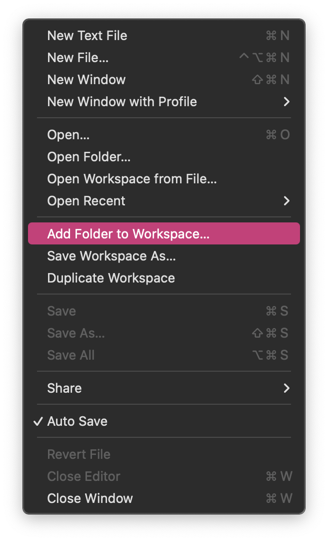 A screenshot of the File menu of VSCode on macOS. "Add Folder to Workspace" is highlighted.
