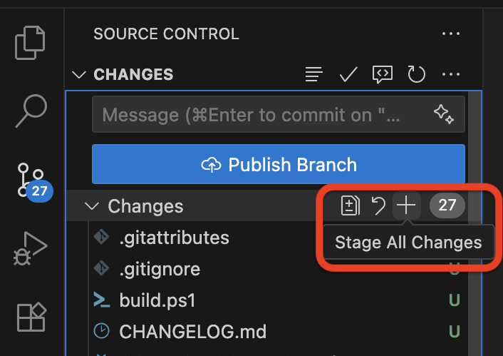 A screenshot of VSCode highlighting the location of the "Stage All Changes" button.