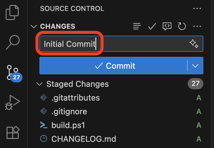 A screenshot highlighting an example commit message.