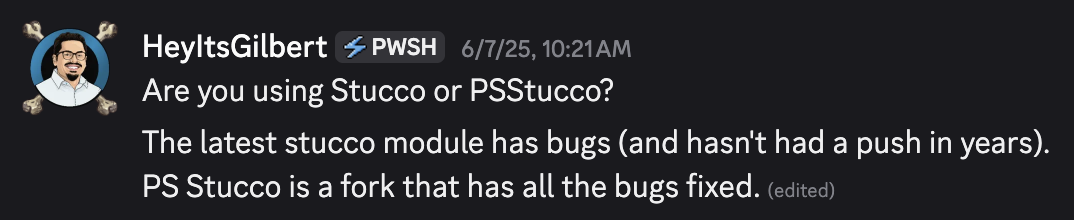 A screenshot of Gilbert Sanchez asking the author if he's using PSStucco