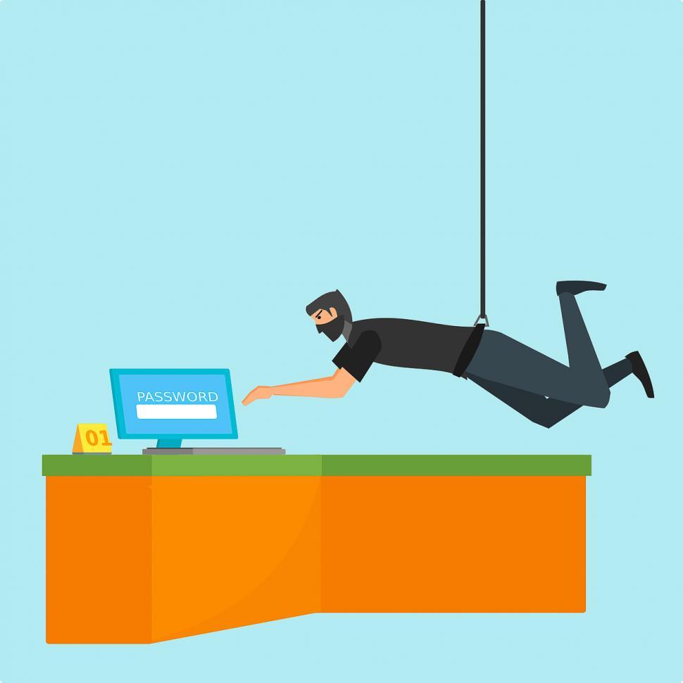 A stylized graphic of a masked man hanging from a rope and trying to access a computer.